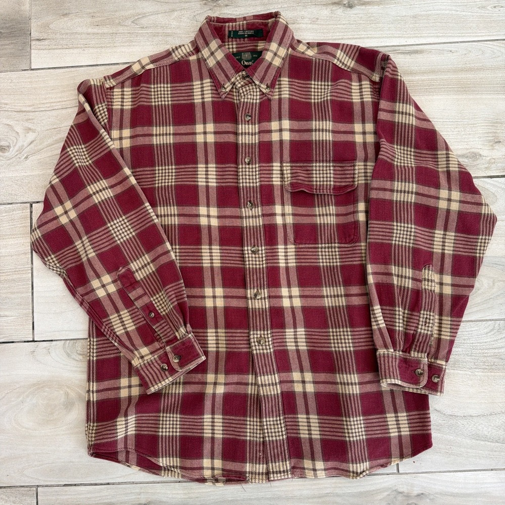 Orvis Mens M Medium Maroon Beige Plaid Flannel Button Down Shirt Long Sleeve